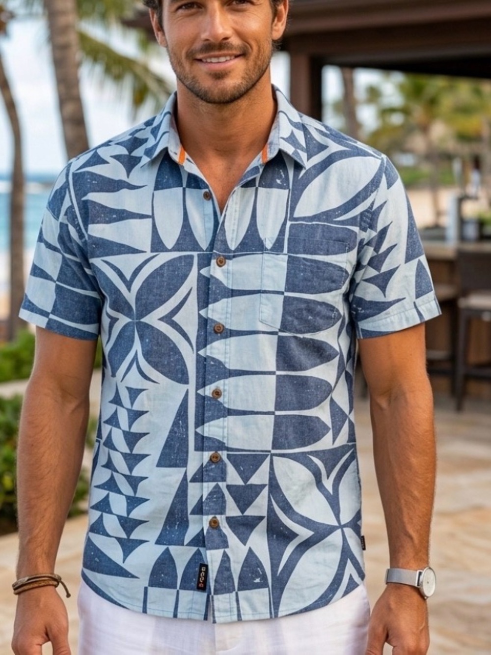 Cova Men’s XL Blue Geometric Cotton Short Sleeve Shirt Hawaiian Style